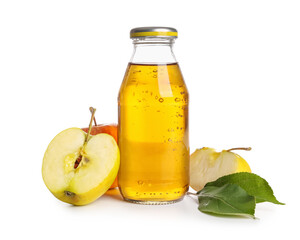 Bottle of fresh apple juice on white background