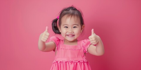 Happy Asian Girl in Pink Dress Giving Thumbs Up with Cheerful Smile on Bright Pink Background