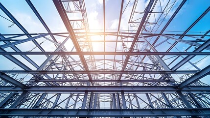 Fototapeta premium Steel roof structure for building construction. Metal roof structure of a building under construction on a blue sky background with white clouds. Selective focus