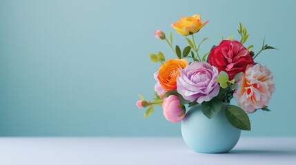 Fototapeta premium Artificial mixed color flower arrangement in small vase on light background viewed from the side empty space for text Perfect for interior decoration