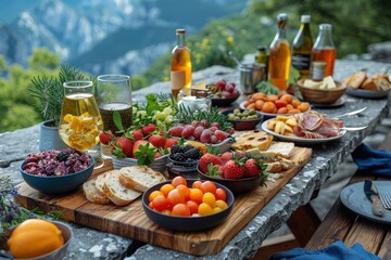 An inviting outdoor picnic spread with bread, cheeses, fruits, and an assortment of beverages, set against a backdrop of scenic mountain views on a sunny day.