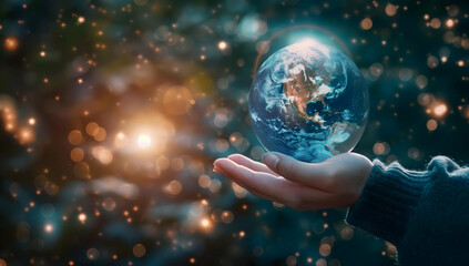 A hand holding a glowing Earth against a backdrop of scattered lights, symbolizing global connection and environmental consciousness.