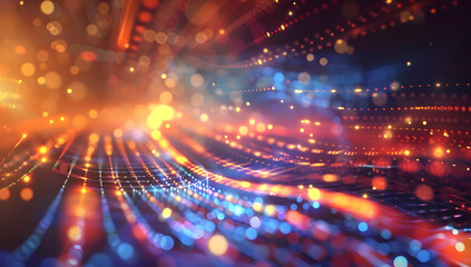 Abstract vibrant light trails with bokeh effect in a dynamic futuristic background for technology and digital concepts.