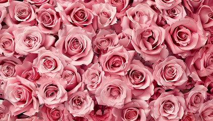 Beautiful close-up view of numerous pink roses, showcasing the delicate petals and rich color, perfect for romantic and floral-themed visuals.