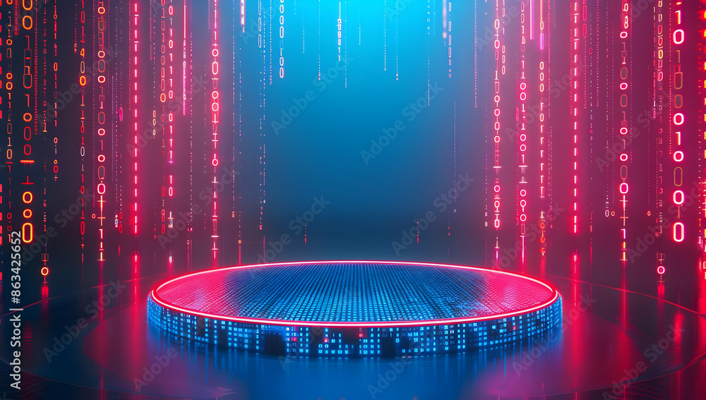 Poster futuristic digital stage with neon lights and binary code backdrop, perfect for technology-themed pr