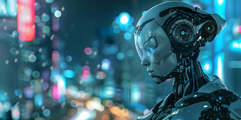 Fototapeta premium Futuristic robot with a cityscape background, showcasing advanced artificial intelligence and technology in a modern urban environment.