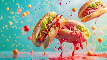Two hot dogs in buns with toppings, flying through the air with colorful splashes. Photo with a vibrant and dynamic style.