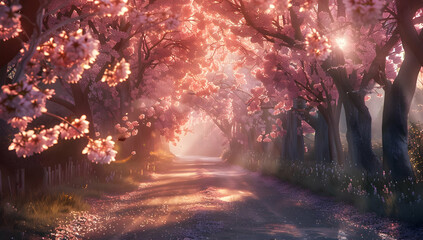 Fototapeta premium Serene path under blooming cherry blossoms with sunlight filtering through, capturing the beauty of nature in spring.