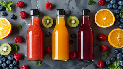 Top view of three assorted juice bottles surrounded by fresh fruits on dark background. Vibrant, healthy, and fresh.