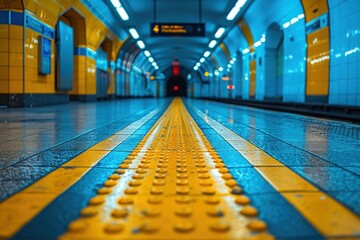 A sleek and modern subway platform bathed in blue lights, showcasing an organized structure and evoking feelings of efficiency and anticipation in urban travel.
