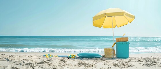 Beach umbrella with a cooler and beach games set up nearby, ready for a fun summer day