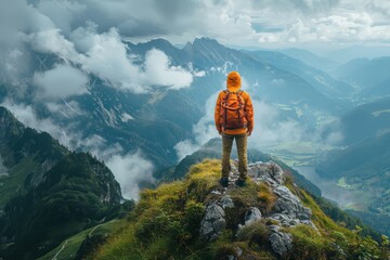 A lone hiker in an orange jacket stands atop a mountain peak, overlooking a vast landscape of rugged terrain and distant valleys with a dramatic cloudy sky overhead.