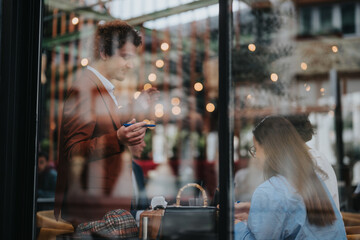 People having a business meeting in a modern coffee shop, analyzing reports, discussing results, brainstorming ideas, and strategizing for marketing growth and profitability.