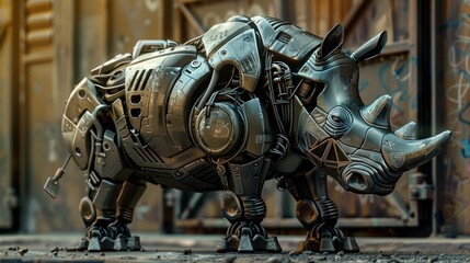 A rhino made of metal standing in front of a building, AI