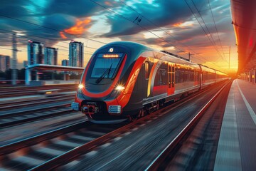 Naklejka premium A modern and sleek train travels at high speed through a railway station at sunset, highlighting advanced transportation and the beauty of motion and engineering.