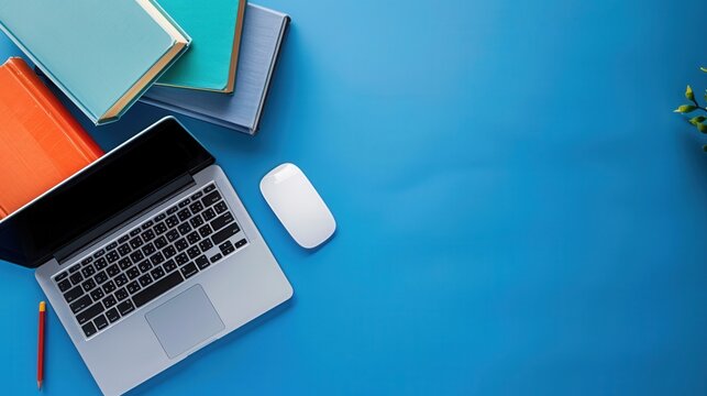 A contemporary learning workspace featuring a laptop, textbooks, and a wireless mouse on a vibrant blue desk. Generative AI