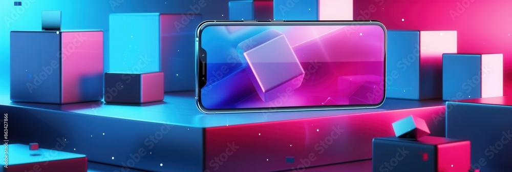 Poster A modern smartphone with a bright screen displaying streaming video content sits on a colorful, dynamic backdrop. Generative AI