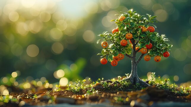 Delivering Happiness, A tree with happy faces growing as its fruit, representing building a business that prioritizes employee happiness