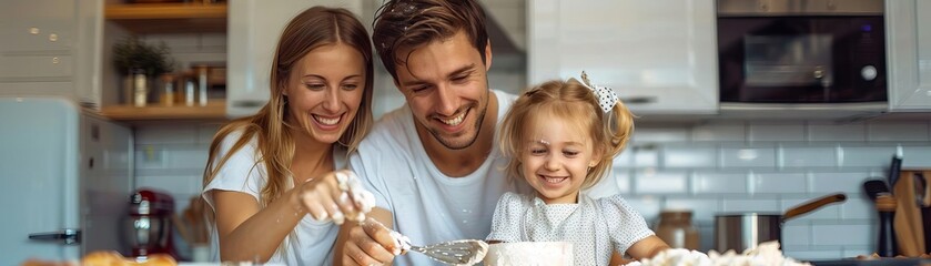 A young Caucasian family embraces the mess while having fun baking together in the kitchen