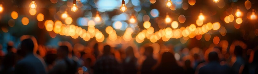An outdoor party with blurred silhouettes of people and string lights creates a dreamlike atmosphere