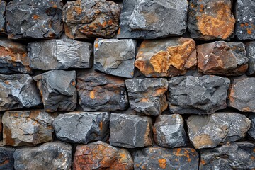 Fototapeta premium A rugged, textured stone wall, featuring diverse natural shades and patterns, delicately arranged to create a robust and visually intriguing structure, emblematic of vintage craftsmanship.
