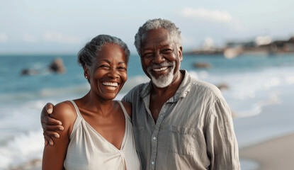 Happy Elderly African American Couple Laughing on Beach Vacation