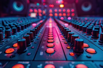 Fototapeta premium A detailed close-up of a vibrant audio mixer panel in a professional studio setting, with various knobs, buttons, and colorful LED indicators creating a dynamic visual effect.