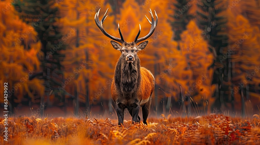 Sticker beautiful image of red deer stag in foggy autumn colorful forest