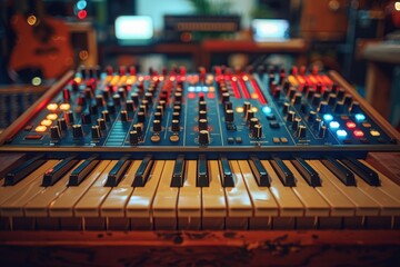 A sleek synthesizer keyboard with illuminated controls and various knobs, presenting a sophisticated instrument for creating electronic music in a studio setting.