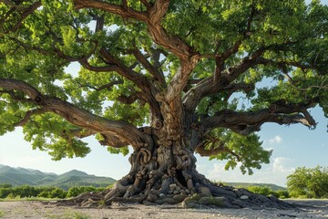 A majestic ancient tree with sprawling, twisted branches and lush green leaves, set in a natural landscape with mountains in the background and clear skies above.