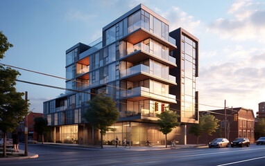 Modern apartment building exterior at sunset. 3d rendering, 3d illustration.