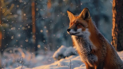 Obraz premium Red Fox in Winter Forest at Sunset, Generative AI