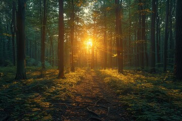 Fototapeta premium Golden sunlight filters through the tall trees onto a tranquil woodland path. The forest floor is dappled with light creating a peaceful and enchanting ambiance.
