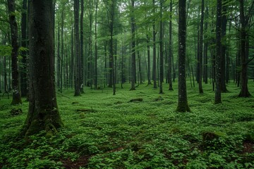Obraz premium An enchanting image of a dense woodland. Tall, slender trees rise from a rich, green ground cover, creating a calm and rejuvenating atmosphere that's perfect for woodland wanderers.