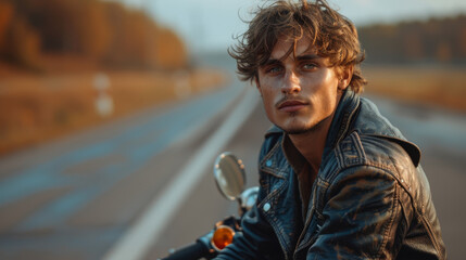 cute stylish boy in leather jacket sitting on the road