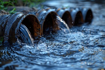 Five rusty pipes expelling clear water into a stream, illustrating the flow of water within a...