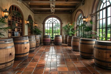 A stylish room featuring multiple wooden barrels arranged along the walls, large arched windows allowing natural light to pour in, and lush greenery outside the windows.