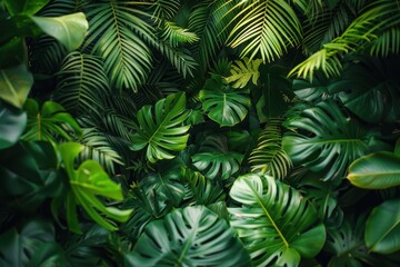 A vibrant array of lush green tropical leaves illustrating natural harmony, health, and beauty in their different forms, a must-see for lovers of nature and greenery.