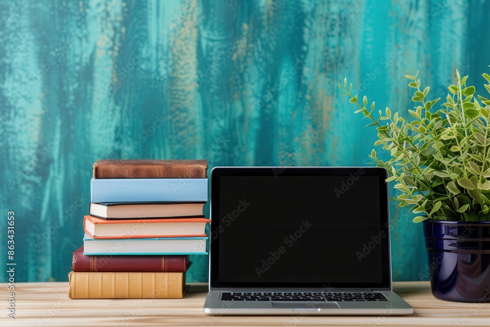 Leinwandbilder a laptop computer sits on a desk alongside a stack of textbooks, against a teal background. generati