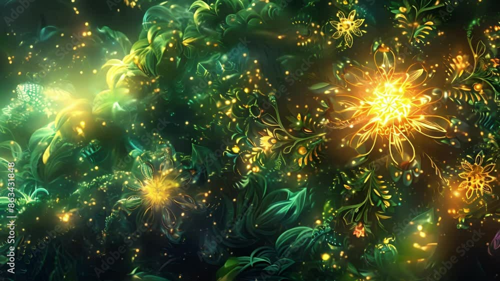 Poster as the seeds began to sprout and grow glowing vines stretched out from their center weaving in intri