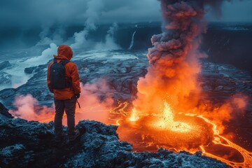 Obraz premium A person in an orange jacket stands at the edge of a volcanic crater, witnessing an intense eruption with a glowing lava lake, dramatic smoke and ash plume rising.