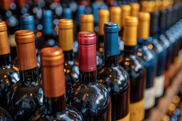 A variety of colorful wine bottles with different labels and caps are beautifully arranged on shelves in a well-lit store, reflecting lights and creating a cozy ambiance.