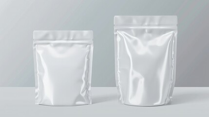 Mockup of two empty white stand-up pouch packaging bags for products, showcased on a plain background, ideal for branding and product design.