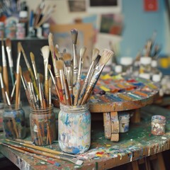 Fototapeta premium A jar of paint brushes sits on a table with other paint brushes and paint