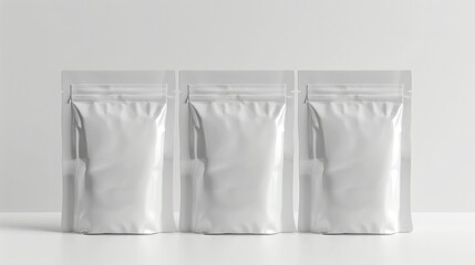 Three blank silver foil stand-up pouches with zipper closure on a white background. Ideal for food, coffee, or powder packaging.
