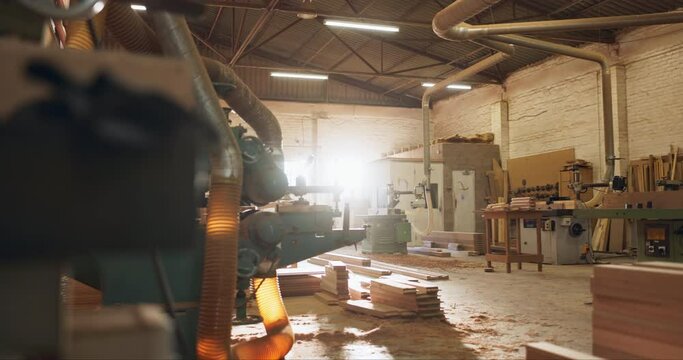 Wood, equipment and material for carpentry with furniture manufacturing business in industry. Machine, production and planks of timber or lumber for craft or maintenance in industrial workshop.