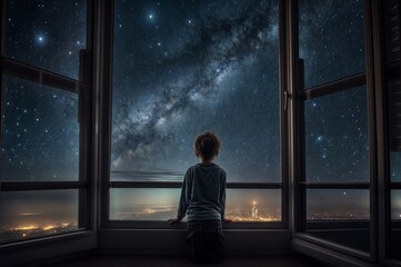 Fototapeta premium Child looking at the night sky full of stars from a window