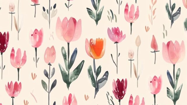 Delicate watercolor tulips in shades of red, pink, and peach against a light background. Loose, artistic brushstrokes define the flowers and stems. Scattered dots and dashes add texture and whimsy. 