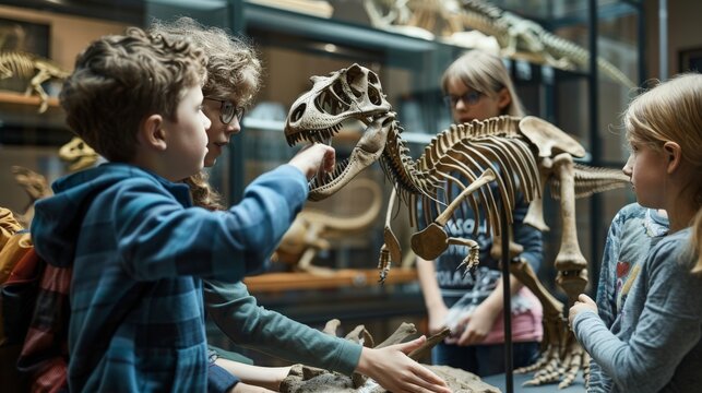 A teacher showing students a model of a dinosaur skeleton in a natural history museum - Powered by Adobe
