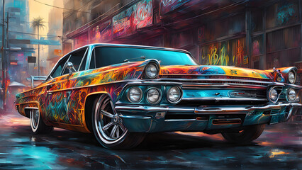 AI-generated illustration of A classic vintage car parked in a colorful garage